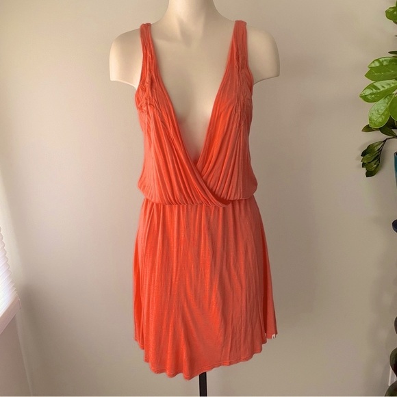 Volcom True To This Deep V Plunge Coral Midi Dress Embroidered Size Medium - Picture 8 of 8